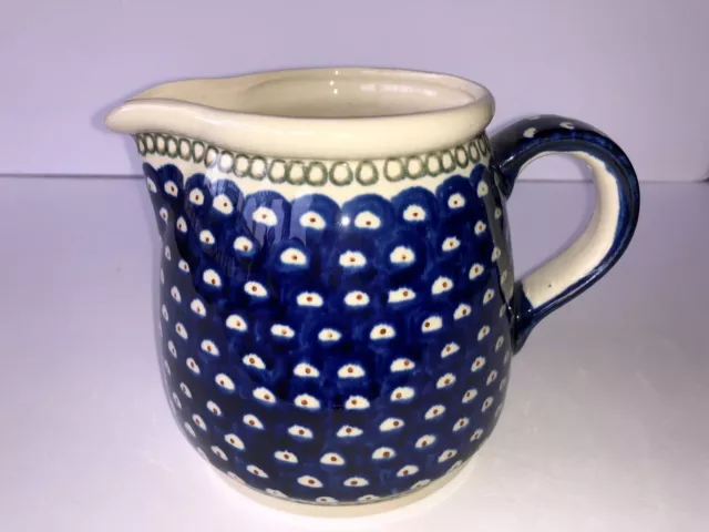 Polish POTTERY BOLESLAWIEC Blue & White Ceramic PITCHER JUG 5 ¼” Tall 4 CUPS