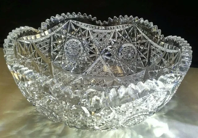 Victorian early American Brilliant cut glass ABP crystal fruit bowl hobstar