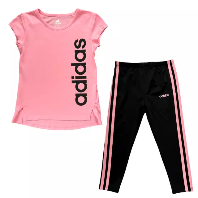 adidas Little Girls T-Shirt & Leggings Outfit Size 4-6 Black / Pink Stylish Set