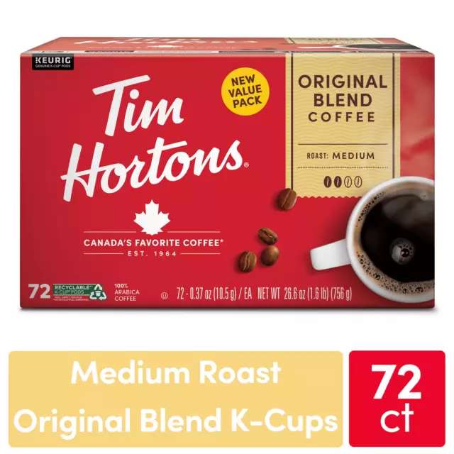 Tim Hortons Original Blend Medium Roast K-Cup Coffee Pods for Keurig Brewers 72