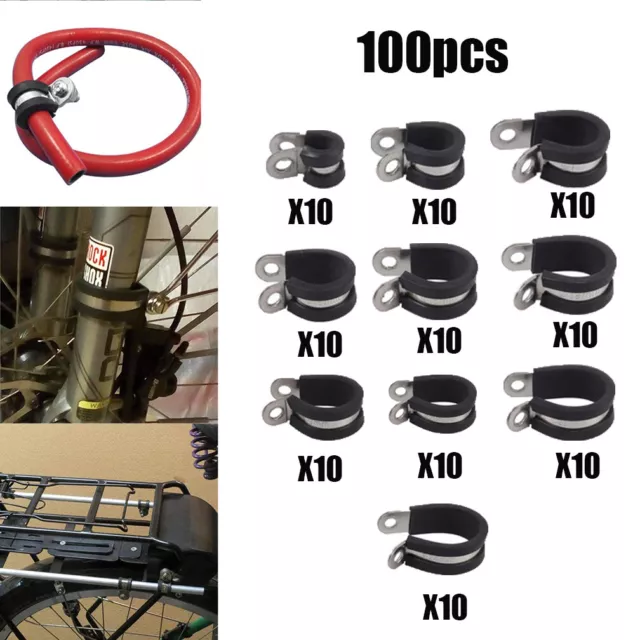 100x Stainless Steel Rubber Lined P Clips Wiring Hose Clamp Pipe Cable Clip kit