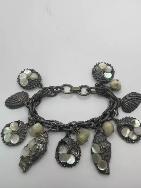 Vintage Heavy Chunky SilverPlated Mother of Pearl Seashell Charm Bracelet 7.5”