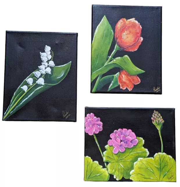 SPRING FLOWERS 3 Paintings Tulip Geranium Lily of the Valley Floral ...