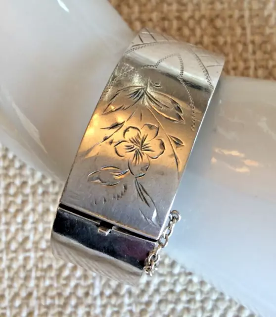 ANTIQUE VICTORIAN SILVER BANGLE BRACELET Floral ENGRAVING