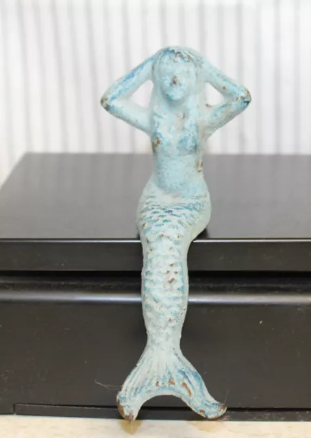 ** Antiqued Blue Cast Iron Mermaid Figurine Shelf Sitter