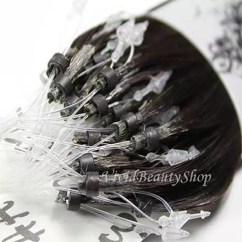 50 Micro Loop Ring Beads I Tip Indian Remy Human Hair Extensions Dark Brown #2 2