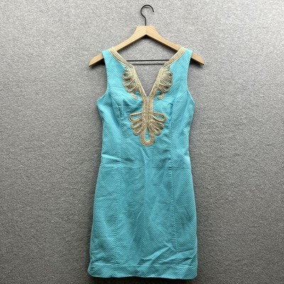 Lilly Pulitzer Womens Dress 4 Sleeveless Aqua Gold Embroidered Janice Shift