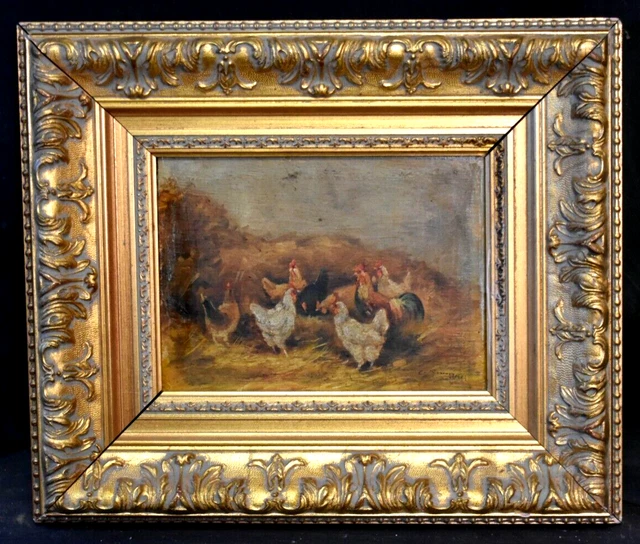 Tableau ancien huile sur bois basse cour poules Barbizon signé XIXème