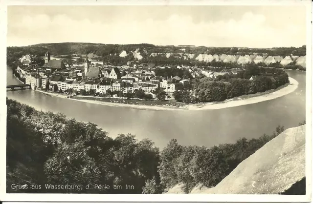 AK Wasserburg am Inn Oberbayern - Fluss, Brücke, Kirche, Klippen - ca. 1950