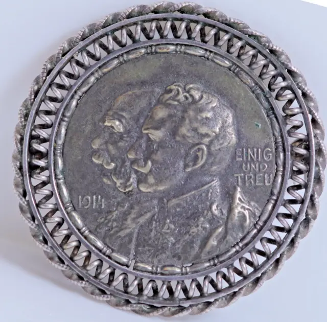 Antike Medaillen Brosche WK1 1914, Einig und Treu, Verzierung, Ø: 3,73cm