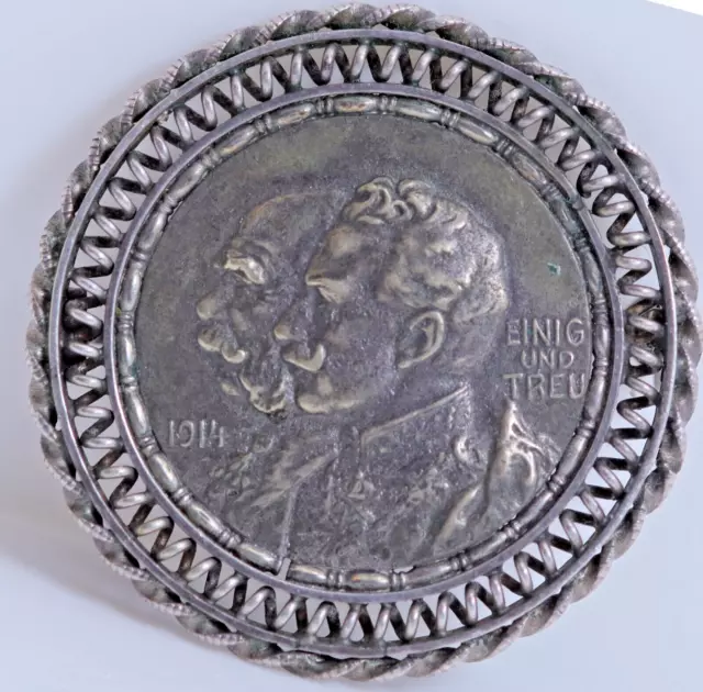 Antike Medaillen Brosche WK1 1914, Einig und Treu, Verzierung, Ø: 3,73cm Antike Medaillen Brosche WK1 1914, Einig und Treu, Verzierung, Ø: 3,73cm