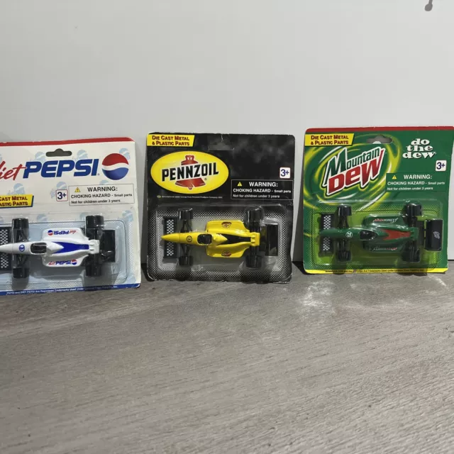 Lot Of 3 Golden Wheel Die Cast Metal Indy Pennzoil Mountain Dew Pepsi Vintage