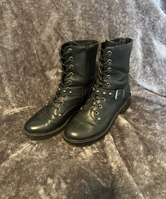 G By Guess Boots Womens Military Combat Black Leather Zip Buckle Lace Up