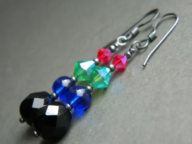 Vintage FRENCH JET, Blue, Aqua & Pink Glass Beads & Oxidised 925 Silver Earrings