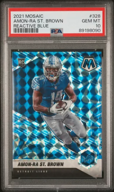 2021 Panini Mosaic Amon-Ra St Brown Reactive Blue Rookie RC #328 PSA 10 Gem Mint