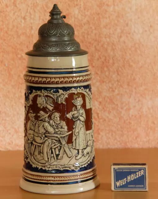 Alter groß antiker Maßkrug Bierkrug Zinndeckel  1L Jugendstil 226