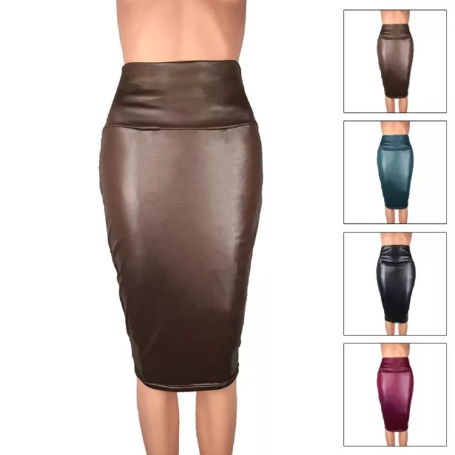 Robe jupe crayon mode faux cuir taille haute longueur genou pour femmes