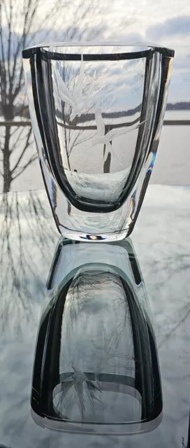 Crystal Swedish Art Glass Vase Engraved Etched Flying Birds 7.5"x5.75"x3.5