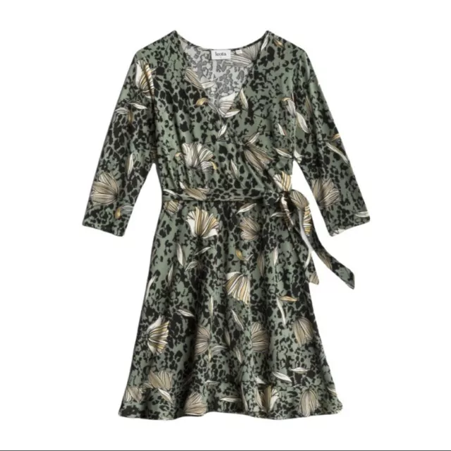 Leota Libby Olive Green Faux Wrap Stretch Knit Floral Dress Tie Waist Size XXL