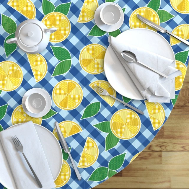 Round Tablecloth Lemons Picnic Lemonade Blue Yellow Bright Fruit Cotton Sateen