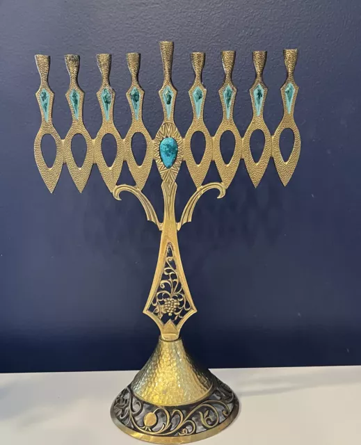 Israel 1960’s Oppenheim 9 Candles Brass Menorah Hanukkah Vintage Branches Grape
