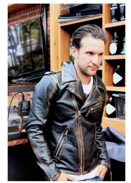 Giacca da uomo biker vintage moto effetto invecchiato Cafe Racer vera pelle