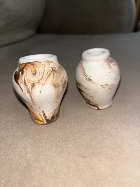 Pair Of Round Orange Marbled Swirl Clay Nemadji Indian Pottery Vase 3-1/2”