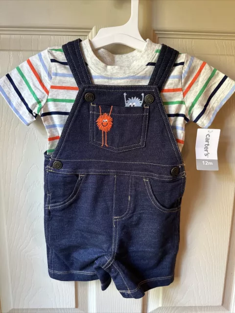 Carter's 2 Piece Set Overalls Short Sleeve Striped Shirt Baby Boy's 12 Months