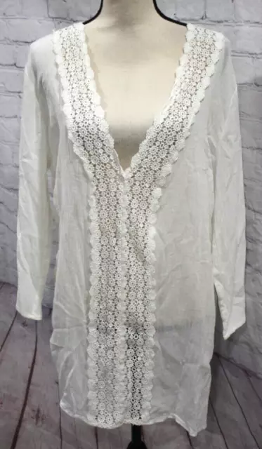 La Blanca Women's White Crochet & Gauze V-Neck 3/4 Sleeve Cover Up Dress Size L