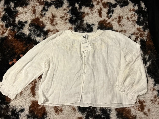 Zara Womens White Floral Gauze ￼Cotton Embroidered Trim Boho Blouse Size XXL