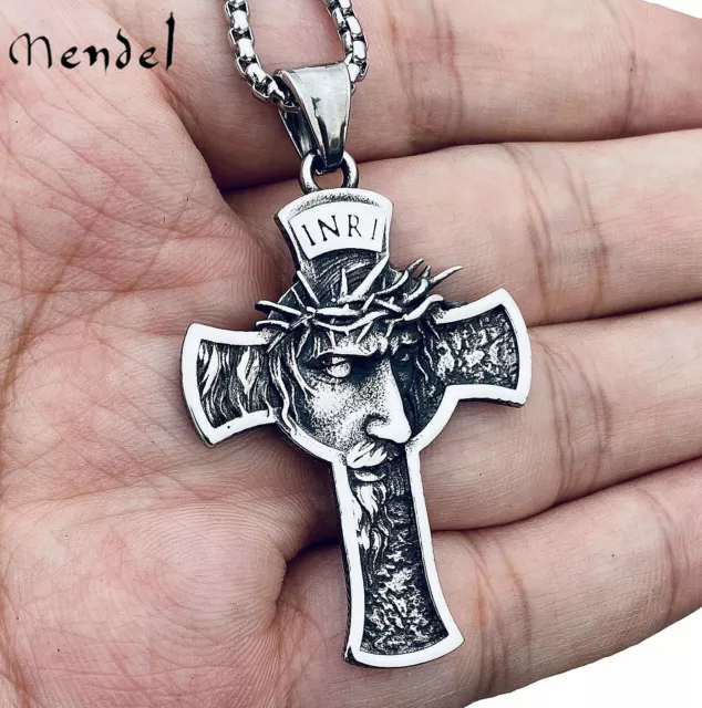 Mens Stainless Steel Jesus Christ Face Crucifix Cross Pendant Necklace