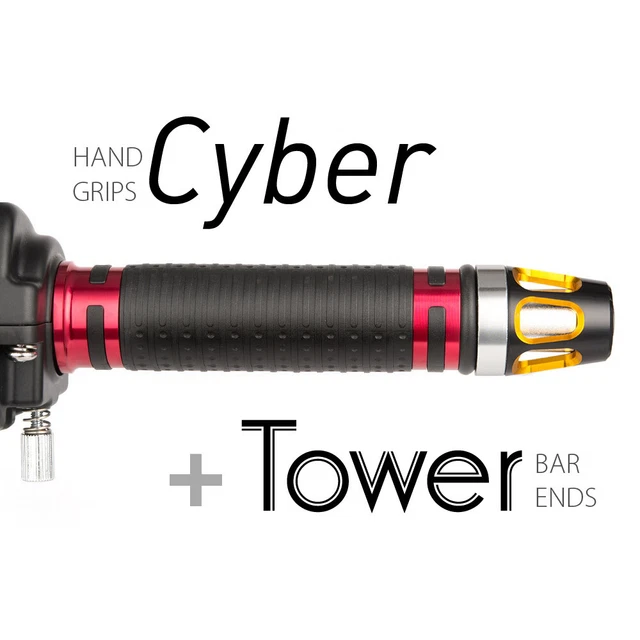KiWAV Motorcycle Cyber Grips Red with Tower Bar Ends Gold/Silver