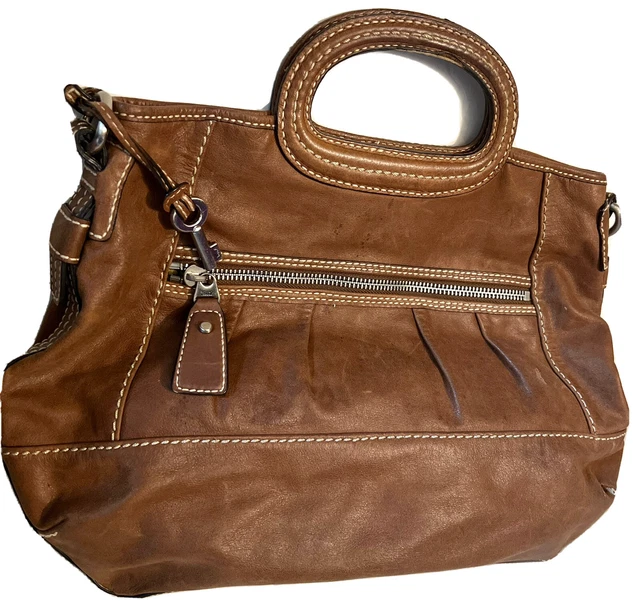 Vintage Threaded Fossil  Satchel Tote Bag  Brown  Leather Silver Front Pocket
