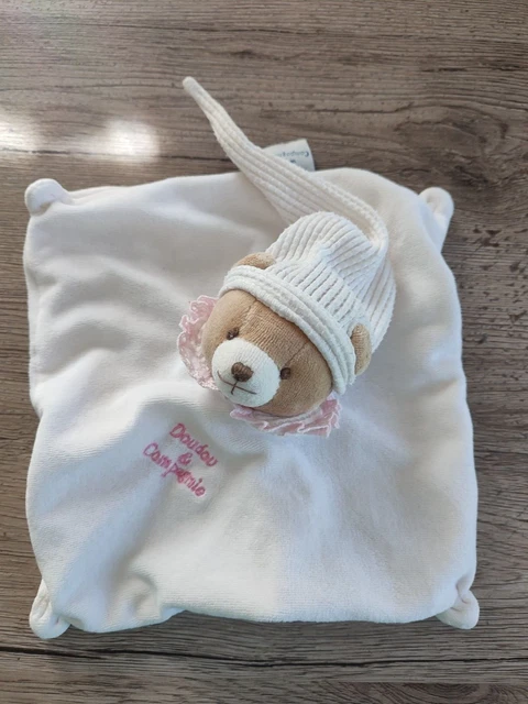 Doudou plat Ours blanc colerette broderie rose DOUDOU ET COMPAGNIE