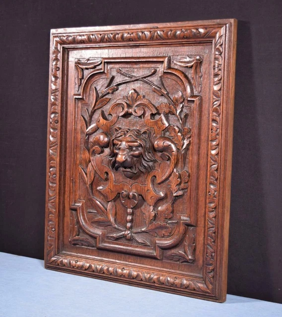 *Antique French Panel in Solid Oak Wood with Lion Face Highly Carved 2