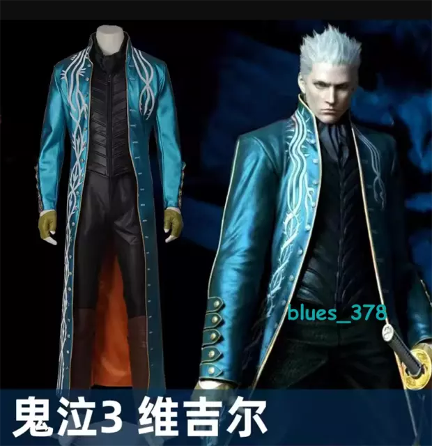 Game Devil May Cry Vergil Halloween Cosplay Outfit Blue Jacket Full Set Costume