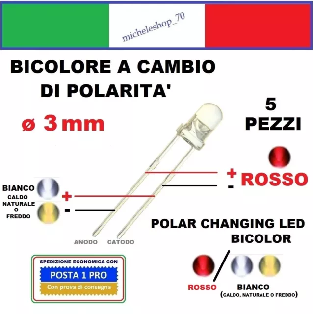 diodo led bicolore rosso/bianco 2pin polar changing ø 3  lente trasparente