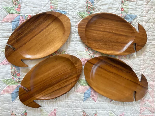 4 Vintage Monkey Pod Hawaiian Wood Fish Dishes Platters Snack Charcuterie boards
