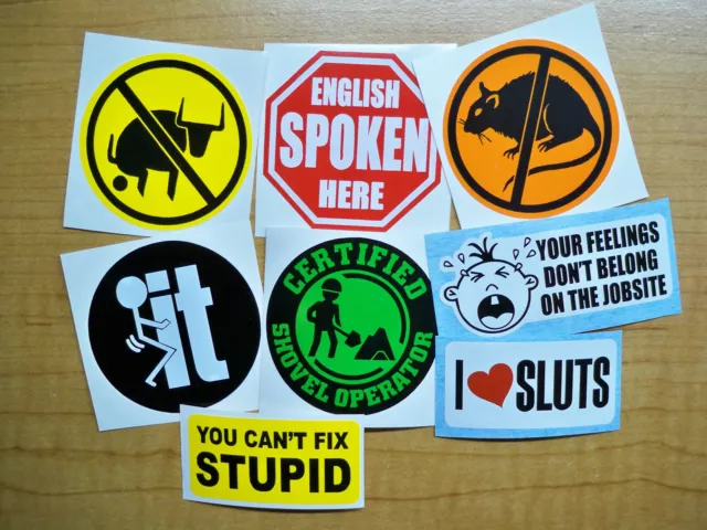 8 Funny Hard Hat Stickers / No Bull BS English Spoken Here Rats Sluts Shovel Op