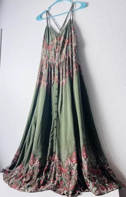 Free People Floral Dress Large Maxi Smocked Green Red Be My Baby Rare