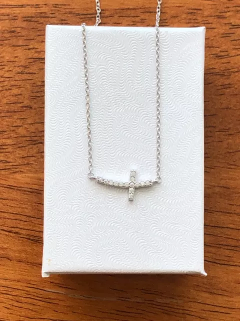 Sterling Silver 925 Tiny Curved Sideways Cz Cross Pendant Necklace 15mm