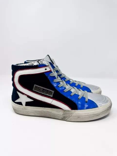 Golden Goose  Deluxe Brand Slide High Top Leather and Blue Jean  Sneakers 39