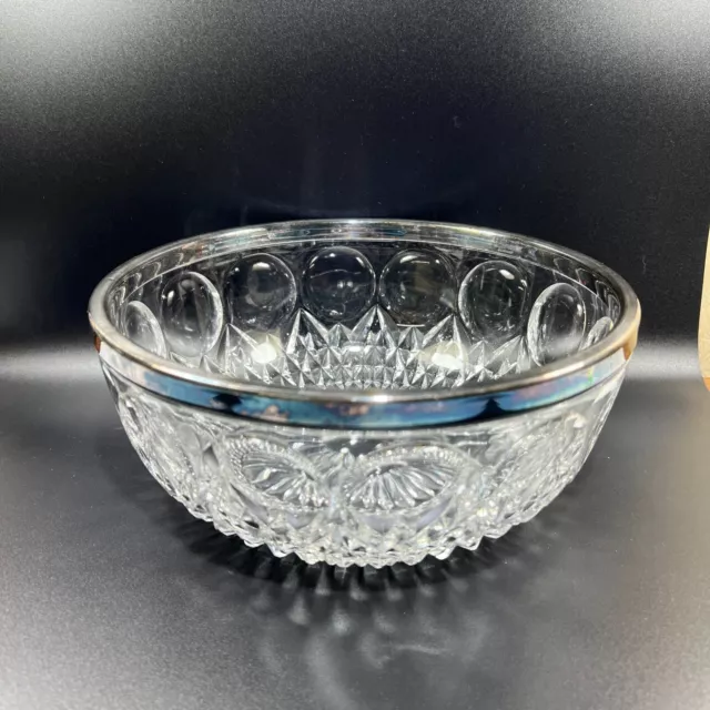 Beautiful Cut Glass Crystal Bowl w/ Sterling Silver Rim 8.5 in x 3.5 in