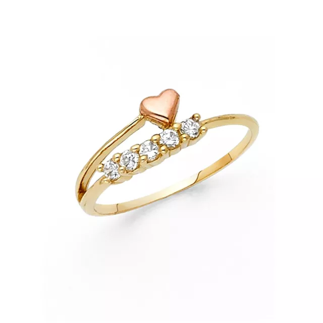 Solid 14k Yellow Rose Gold Heart Ring CZ Five Stone Band Love Style Design Fancy