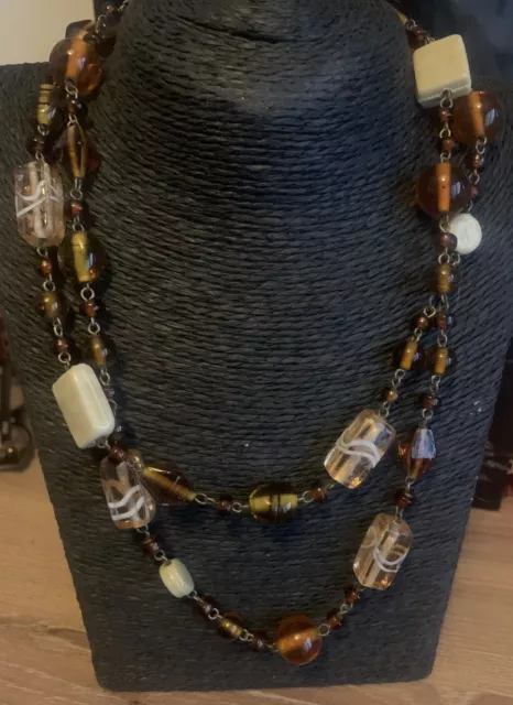 Vintage Art Deco Style Murano Czech Amber & Milk Agate Glass Swirls Necklace