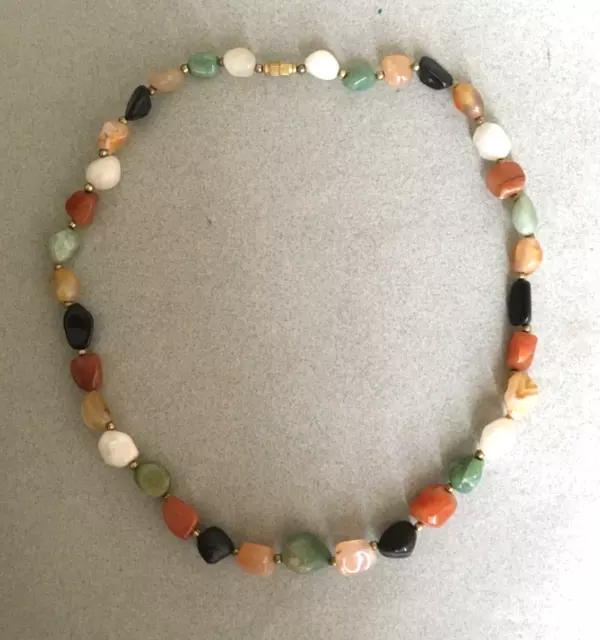 23in VINTAGE SCOTTISH CHUNKY PEBBLE AGATE NECKLACE carnelian aventurine pitch