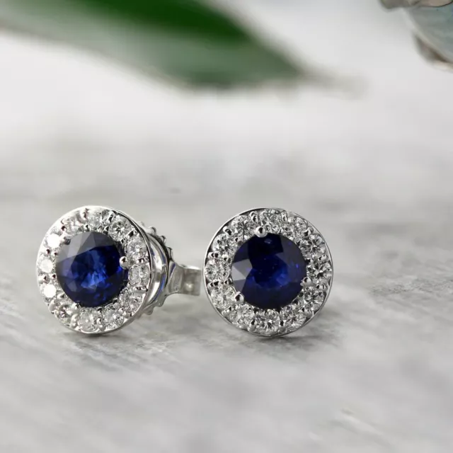 Round Blue Sapphire Simulated Diamond Halo Petite Stud Earring White Gold Plated