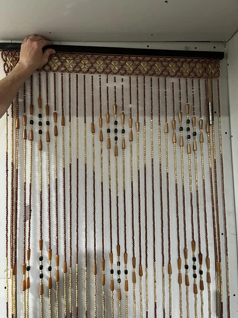 Beaded Wood Curtain Vintage Door Way Entry Brown Wood Hanging Hippie Boho