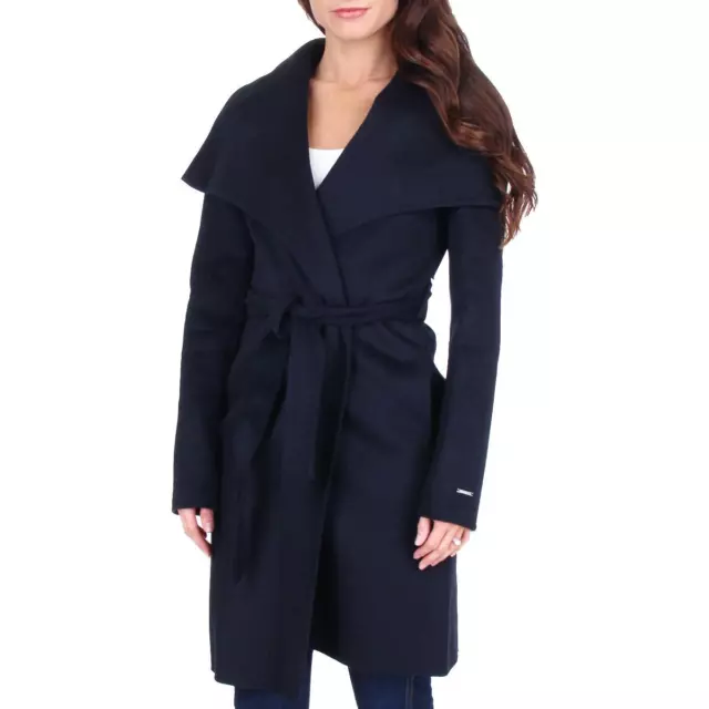 T TAHARI WOMENS Ellie Navy Wool Belted Jacket Wrap Coat Outerwear M ...