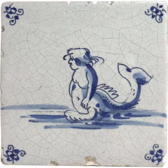 Dutch Delft Blue and White Pottery Square Mythological Merman Tile
